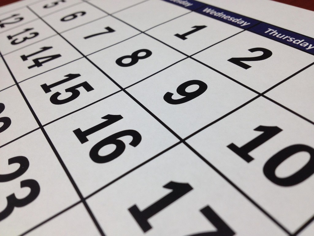 Close-up of a monthly calendar grid for planning the week